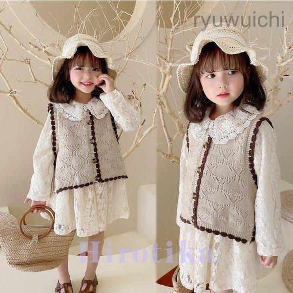 子供服 セットアップ 女の子 キッズ 長袖 春 秋着ベスト+レースワンピース 2点セット 韓国子供服 ジュニア スカート サロペット 可愛い おゃれ 通学着