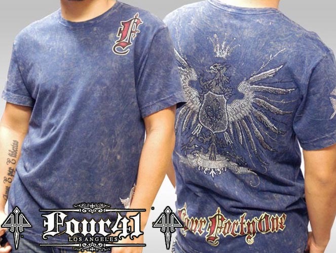 Four41 Los Angeles フォーフォーティーワン メンズ ラインストーン Tシャツ キングバード ネイビー k-06 スワロフスキー インポート セレブ ブランド ストリート LAセレブ