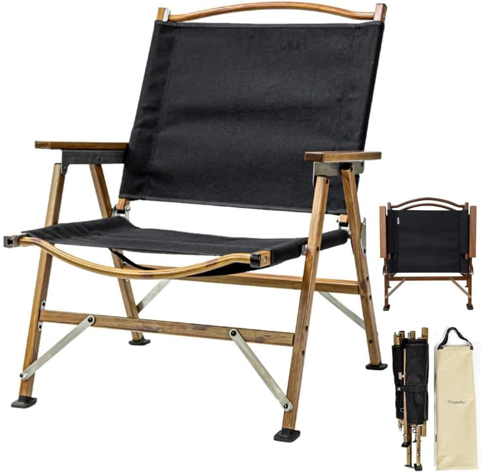 キャンプ ローチェアアルミ 軽量折りウォールナットキャンプ 椅子耐荷重120kg シート高31.5cm ベルクロ付きコンパクトアウトドアローチェア（ブラック）
