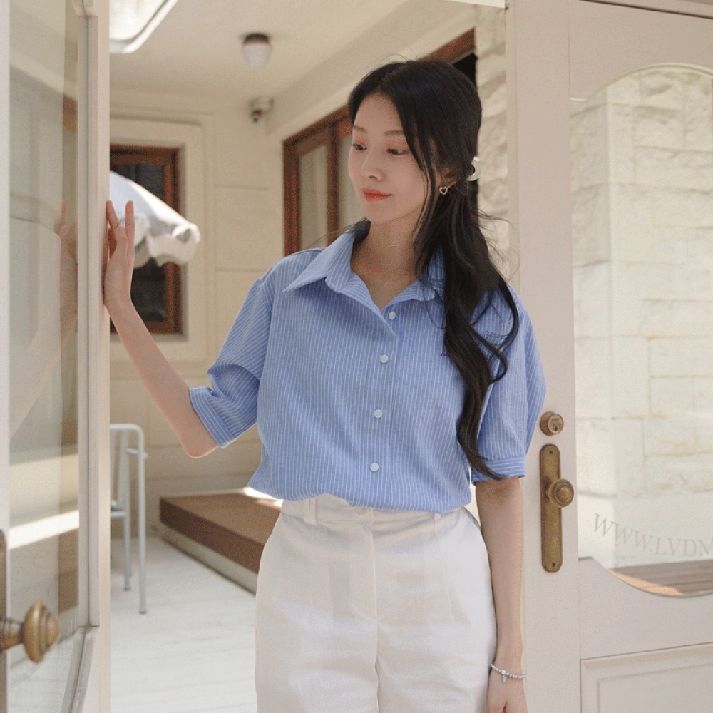 Click & Funny Cellet エンブロイダリーストライプシャツ