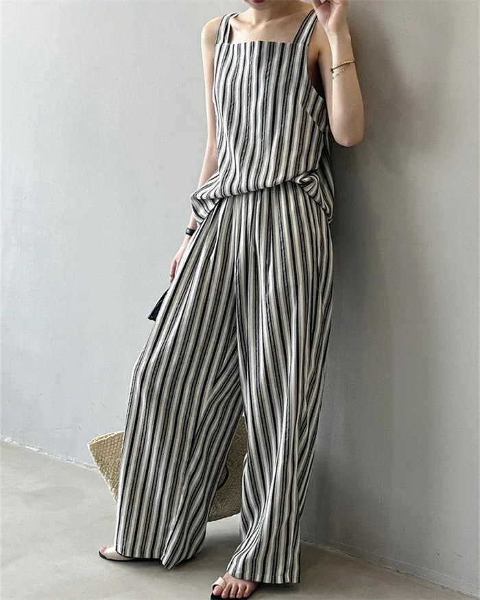 普 上下 韓国風 ストライブ柄 キャミソール タンクトップ ゆったり ワイドパンツ ガウチョパンツ ロングパンツ ノースリーブ パンツスーツ パンツドレス 2点セット 春 夏 レディース セットアップ