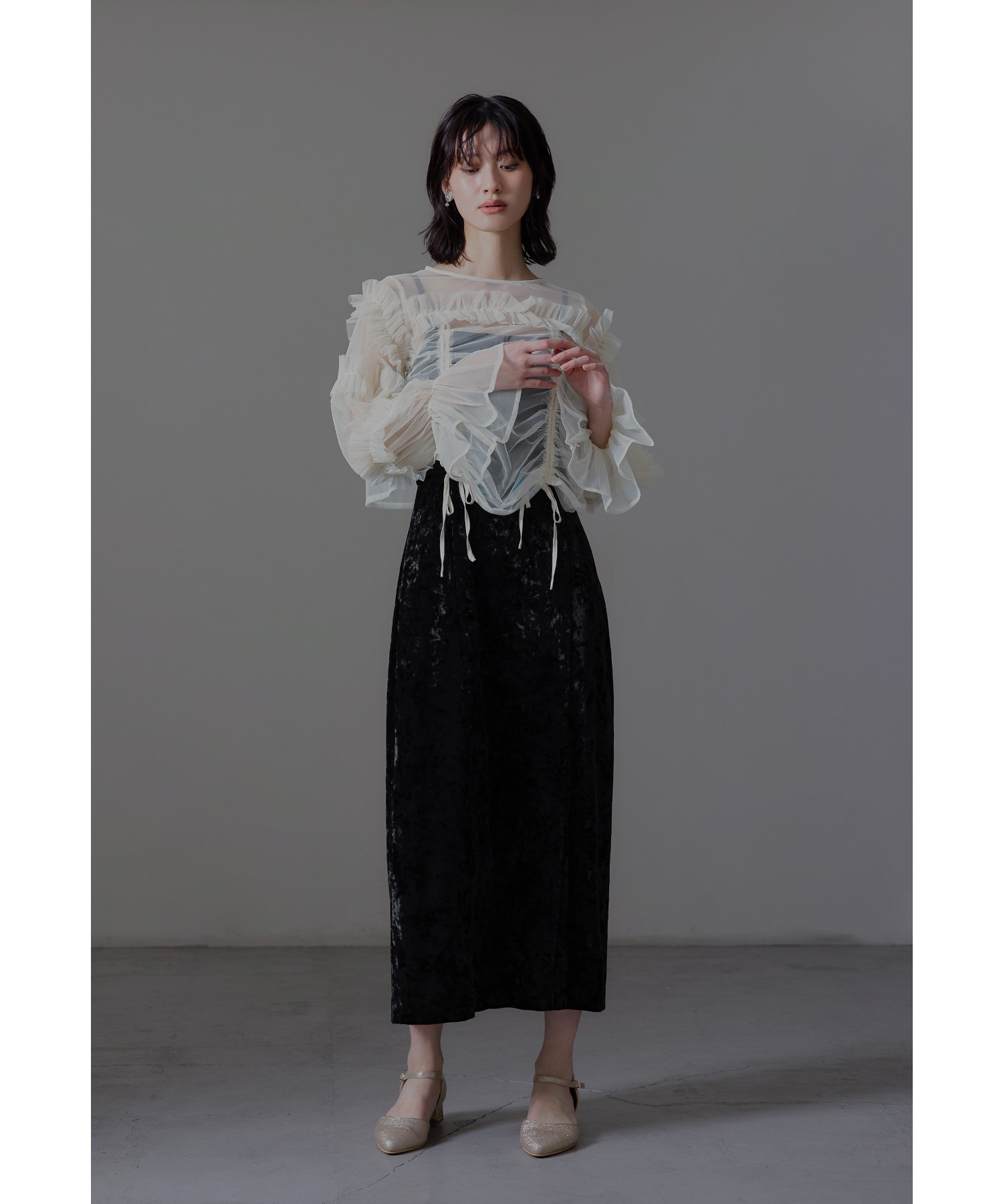 チュールトップスクラッシュベロアドレス パーティードレス 結婚式 キャミワンピース シアー ブラウス リボン 2点セット ロング丈 長袖 お呼ばれ パーティー 二次会 披露宴 謝恩会 成人式 同窓会