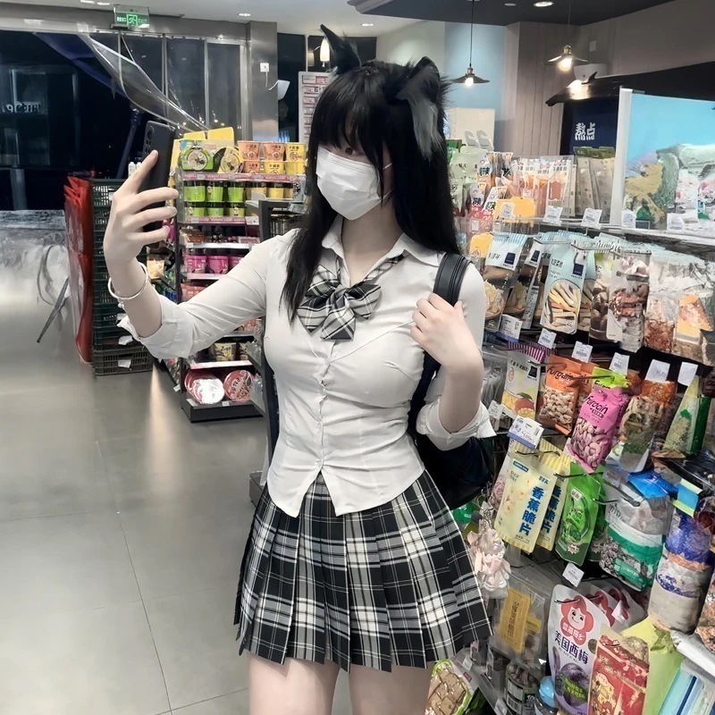 JK制服春夏ウエスト痩身子午線長袖スパイシーガール純粋な欲望シャツチェックスカートスーツ 制服 制服スカート 制服 カーディガン 韓国制服