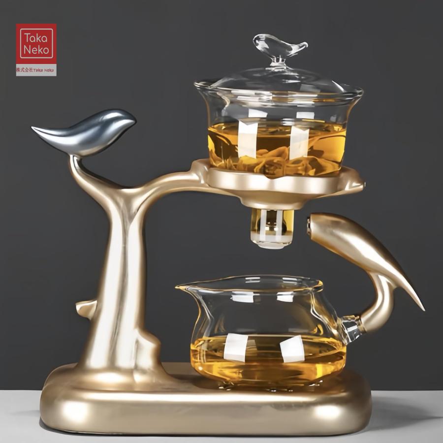 ガラス急須 ティーポット お茶と水は自動的に分離されますガラス製ポット 透明ゼロタッチティーメーカークルミ材ベース 直火電気ケトル対応レイジーティーブリュ