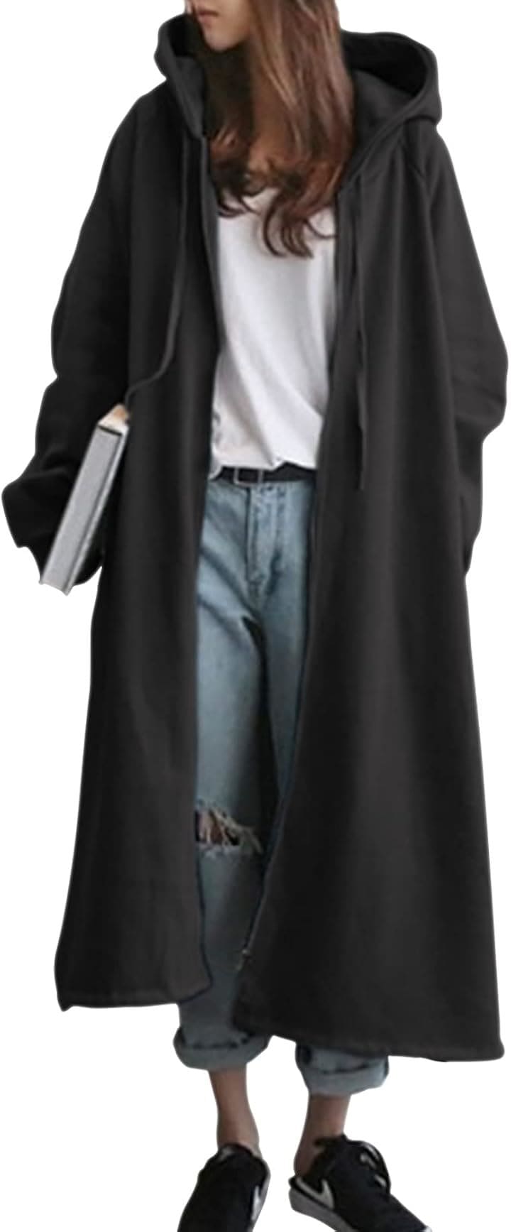 マリアマーファ あったか 裏起毛 フード付き ロングパーカー スリット入り もこもこ コート 秋 冬 トレーニングウェア 大きい サイズ 大きめ ビックシルエット(ブラック, XL)