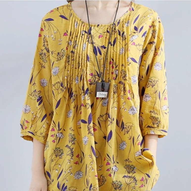 レディース トップス シャツ ブラウス 7分袖 襟なし ワイド フェミニン 薄手 かわいい 大人可愛い きれいめ シンプル カジュアル 上品 おしゃれ レトロ こなれ感 ラフ ガーリー ルーズ 個性的