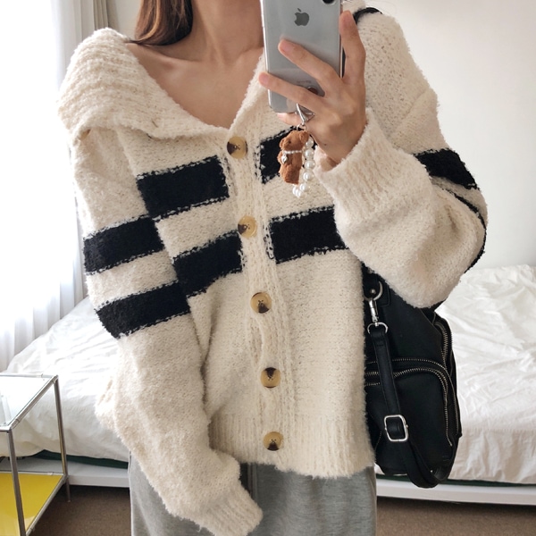 韓国ファッション カラチ 2列 配色 ハイネック ボタン ウールカーディガン