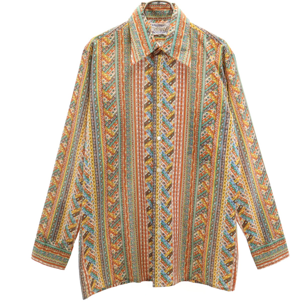 ARROW アロー 70s ヴィンテージ 総柄 長袖 シャツ 15 オレンジ系 メンズ 古着