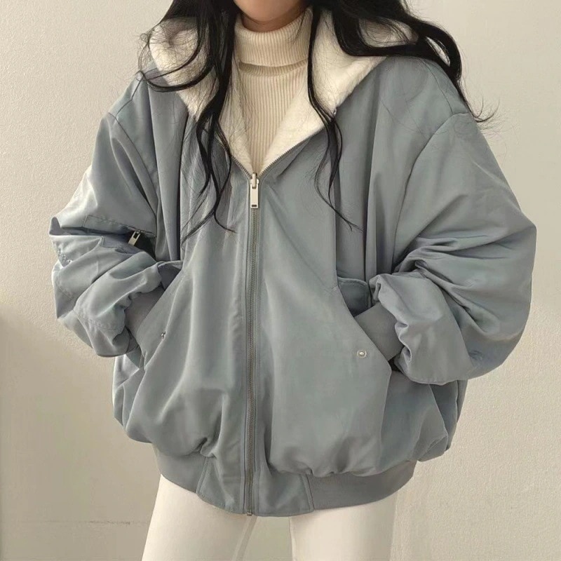 大人気！ 冬アウター 両面着用 ジャケット韓国ファッション 裏起毛厚手 ラムズウール 綿服 レディース アウター 冬 ゆったり フード付きコットンコート