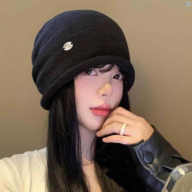 レディースファッション　ファッション小物　オシャレ 秋冬 ブラック ニット パイル 帽子 韓国 顔 出し小 防寒 頭囲 大きい ウールニット帽