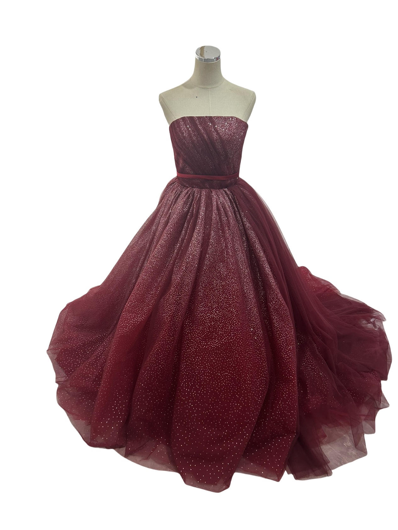 カラードレス ワインレッド ベアトップ キラキラグリッターチュール グラデーション 披露宴