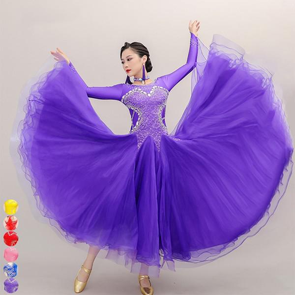 SNSで話題社交ダンスドレス 社交ダンス モダンドレス 大きいサイズ 長袖 広がる裾 スタンダードドレス ワルツダンス ワンピースドレス ダンスウェア ステージ衣装 競技会 カラオケ デモ パーティー