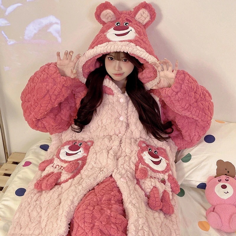 3層綿スリーパー女性秋冬キャラクターイチゴ熊サンゴ絨毯パジャマ厚手ミディアムルームウェアセット