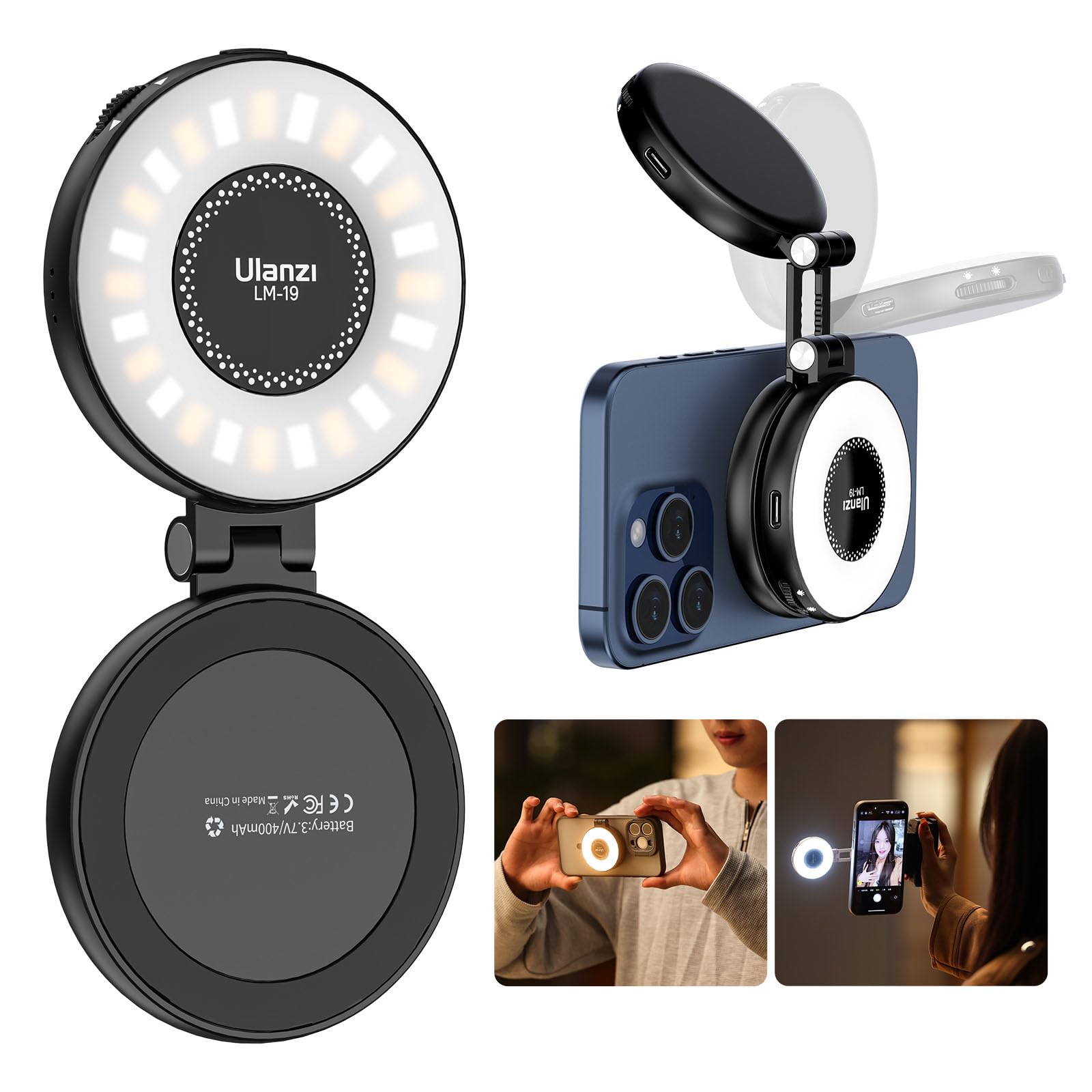 Ulanzi リングライト 自撮りライト MagSafe対応 撮影用ライト LEDライト 3色モード 色温度調節25008500K 210度回転可能 高輝度 24個LED搭載 充電式 スマホライト ビ