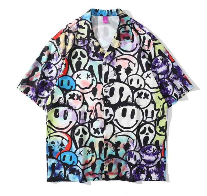 シャツ 開襟シャツ メンズ カジュアル トップス ニコちゃんマーク スマイリーフェイス ニコニコマーク 半袖 sh0046