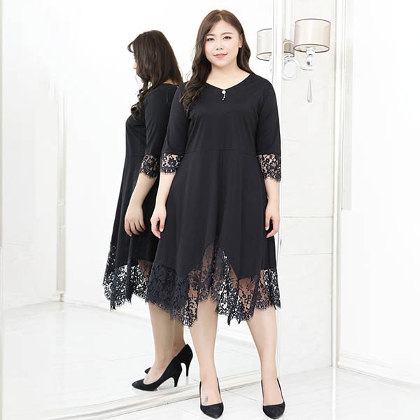 パーティードレス レディース 40代 50代 即納 3L 4L 5L 6L 7L 2type 大きいサイズ QD-80656 レース 切替 ワンピース 黒