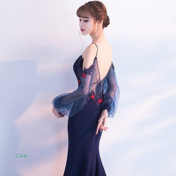 キャミ イブニングドレス マーメイド ロングドレス 50代 40代 パフスリーブ パーティードレス セクシー 30代 ドレス Vネック 背開き