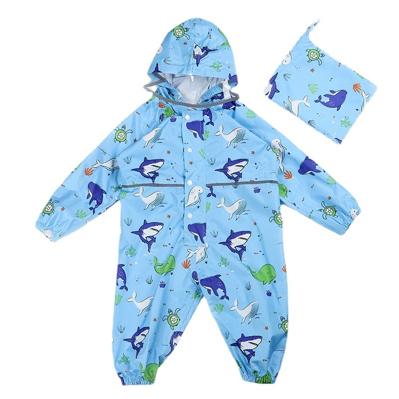 幼稚園赤ちゃんワンピースレインコート工場完全に印刷された軽量フード付きポンチョ男の子と女の子用防水ジャンプスーツ