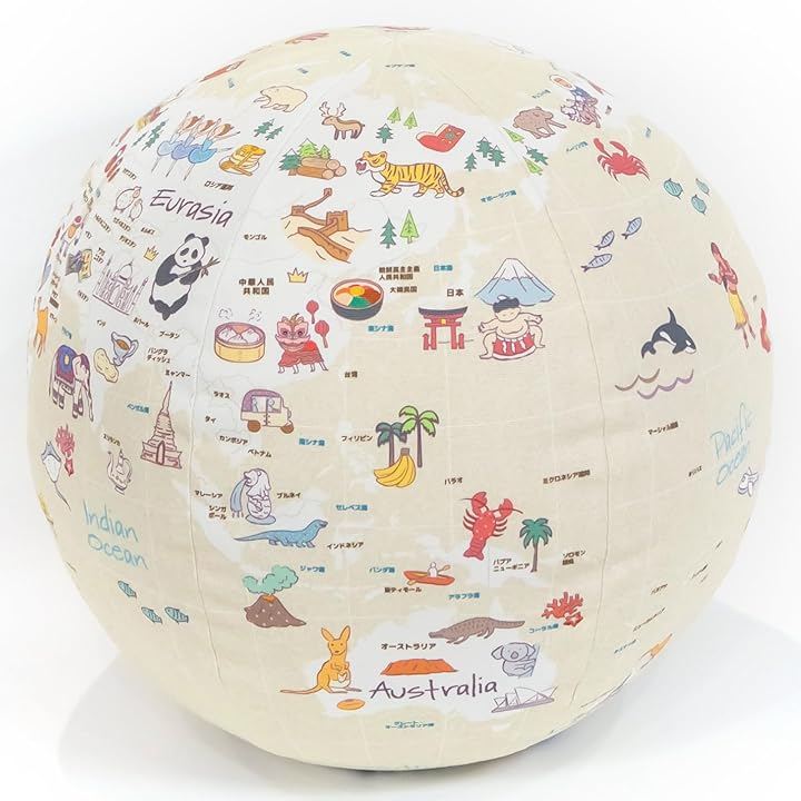テレット ぎゅっと抱きしめられる地球儀アンティーク日本語 クッション Made in JAPAN (ベージュ, Lサイズ (直径約30cm ）)