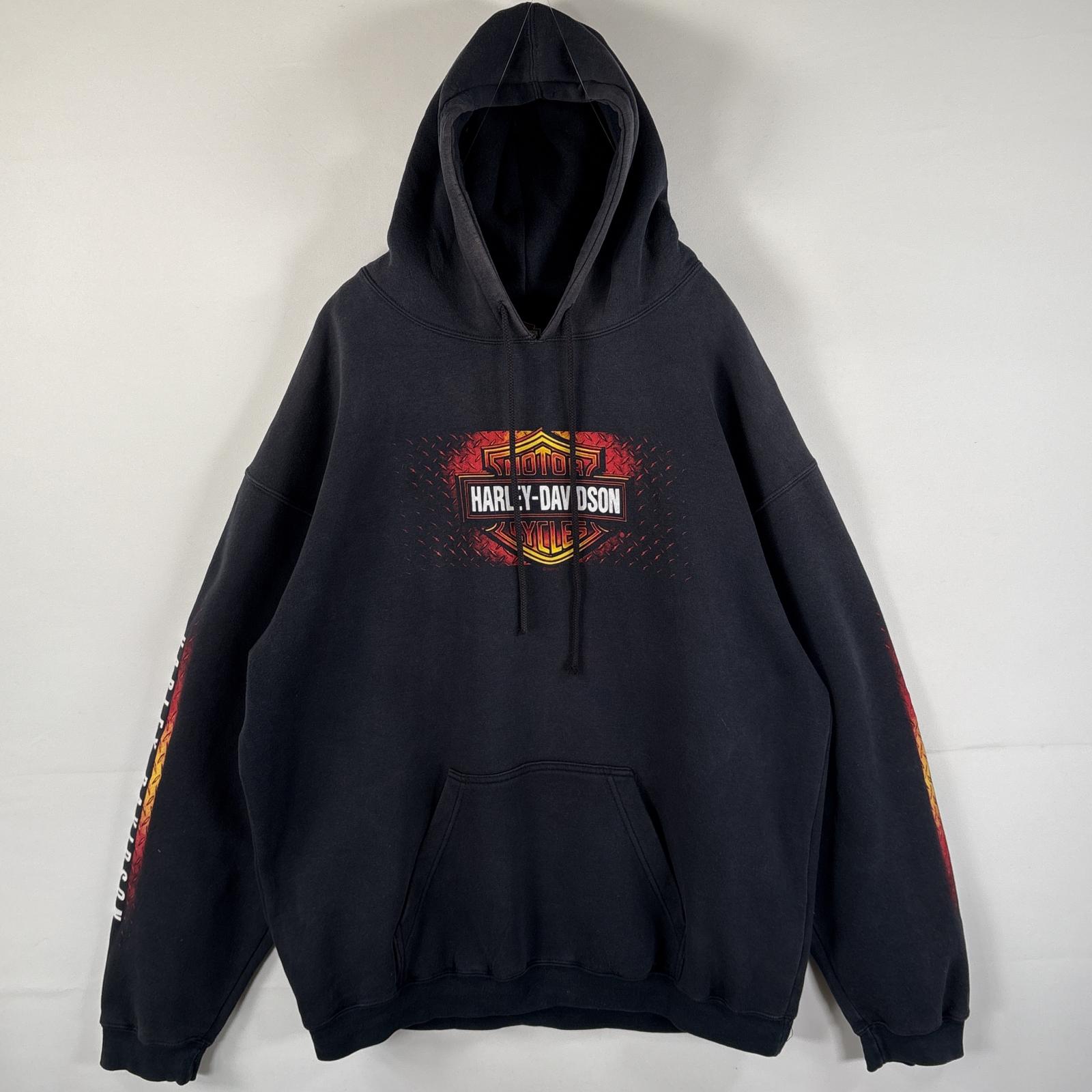 古着 パーカー ビッグロゴプリント 袖ロゴ 大きいサイズ マフポケット XL ブラック メンズ