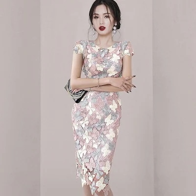 名媛丸首ワンピース2025夏気質色合わせ水融花修身中長レースヒップスカート