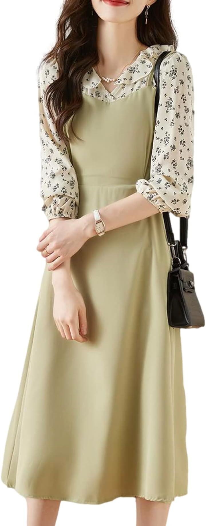 ワンピース 小花柄 ドッキング キャミソールワンピース 膝下丈 長袖 レディース( グリーン, XL)