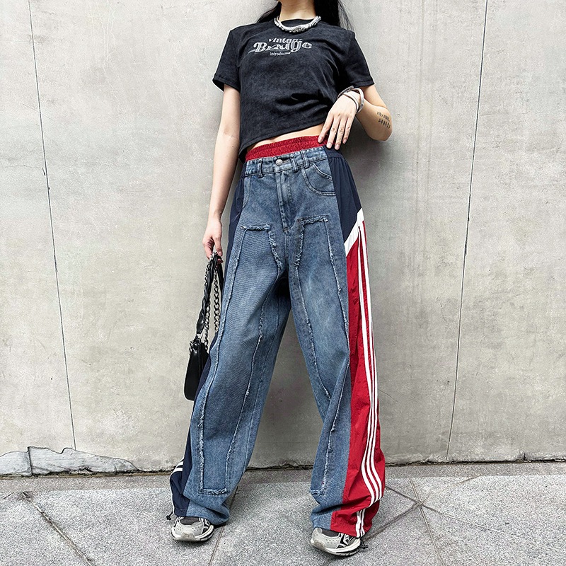 サイドライン異素材MIXデニムパンツ デニム ナイロン 切り替え ワイドパンツ レディース 韓国ファッション ストリート系 スポーティー ゆったり Y2K ジーンズ ダンス ズボン 個性派 おしゃれ