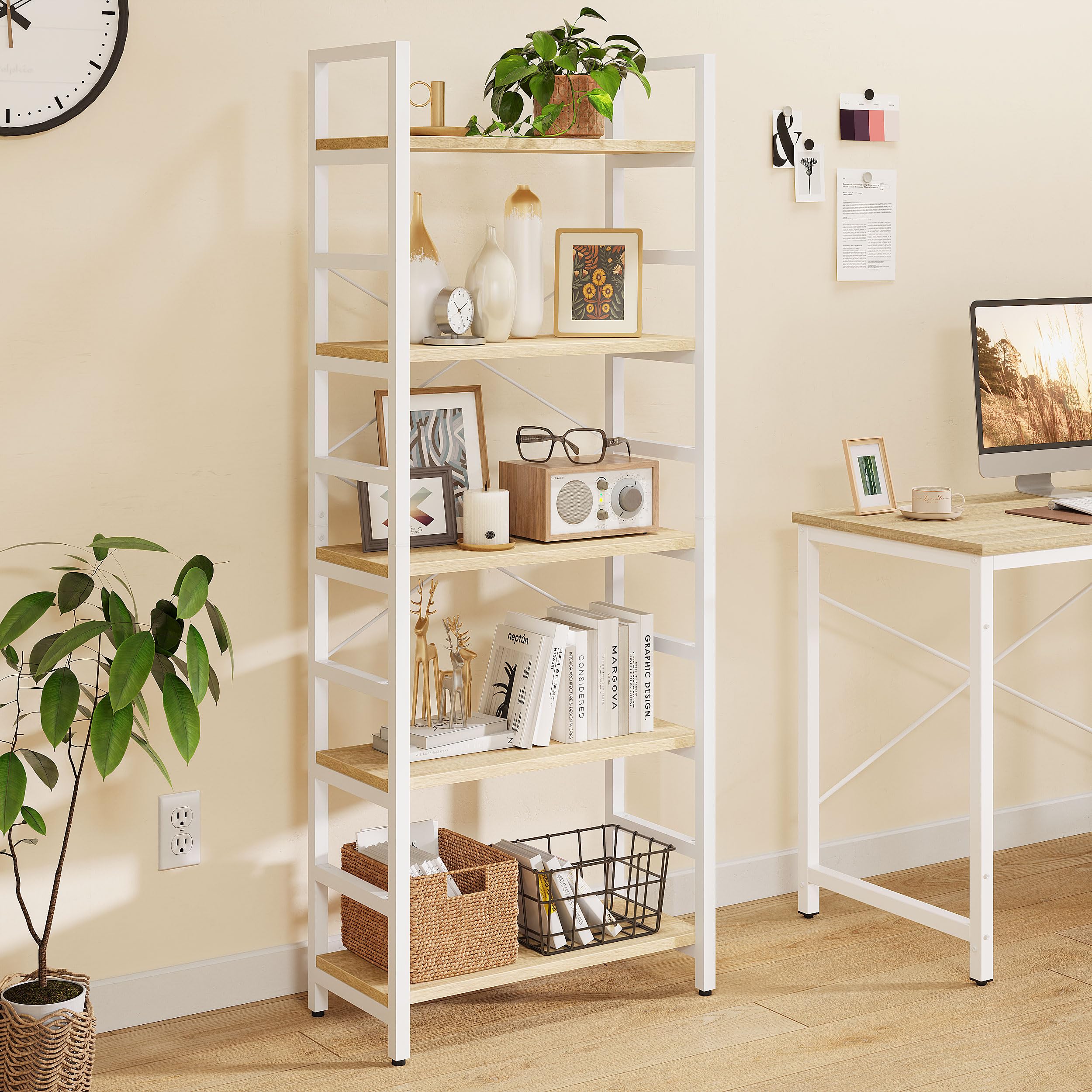 Bestier ラック オープンシェルフ 5段 幅60×奥行28×高さ155cm 本棚 スリム 収納ラック おしゃれ 隙間収納 オープンラック 木製 ディスプレラック 棚 木目調 組立簡単 オーク