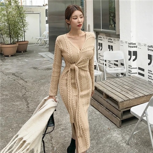 秋冬　ニットワンピース　タイトワンピース ロング丈 ミディアム丈 キャバドレス　無地ワンピース　セクシーワンピース パーティーワンピース ボディコン vネック 長袖　袖あり　スリム おしゃれ　大きいサ