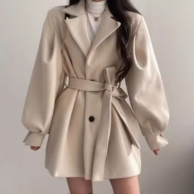 レディース コート アウター 上着 ウール 羽織 前開き ミディアム 長袖 萌袖 ランタンスリーブ 襟付き ウエストマーク ウエストリボン ふわふわ ふっくら ポケット ハイウエスト かわいい