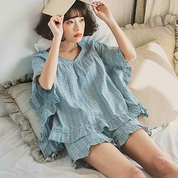 新品 パジャマ　レディース　春夏　　半袖 上下セット　スカラップ　パジャマ　無地　スカラップ　レディースルームウエア 部屋着 シャツパジャマ　可愛い