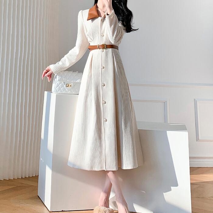 ワンピース ワンピ ドレス 袖あり 異素材ミックス コーデュロイ レディース エレガント きれいめ カジュアル 長袖 大人 可愛い フェミニン ミモレ丈 シャツワンピ ウエストベルト ベージュ ブラッ