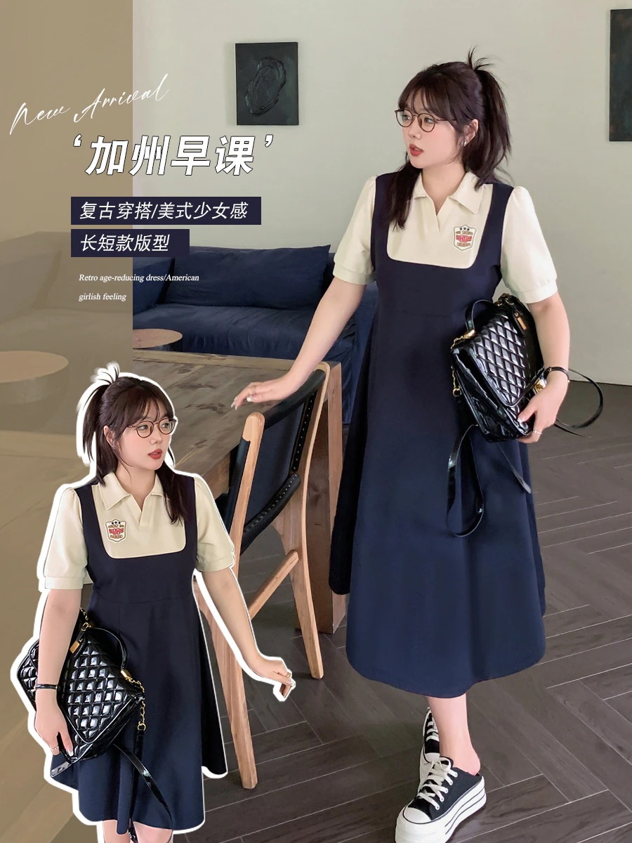 【ぽちゃまに】 夏 ドッキングワンピース ニセ2SET サロペット風 大きいサイズ 体型カバー キャミワンピース風 学院風 シャツワンピースメガ割