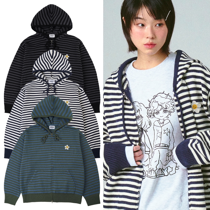 [UNISEX] Flower Dot Embroidery Knit Stripe Hooded Zip-Up_3color