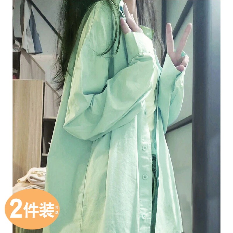 デザイン性のあるミントグリーンのポロ襟カーディガンシャツ女性用2026年春秋オーバーサイズ薄手長袖ジャケットシャツ
