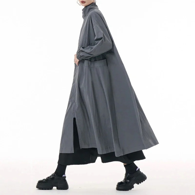 アメリカ無地スタンドカラー長袖ジップウインドブレーカー 女性のとのルーズなファッションカジュアルロングマントジャケット