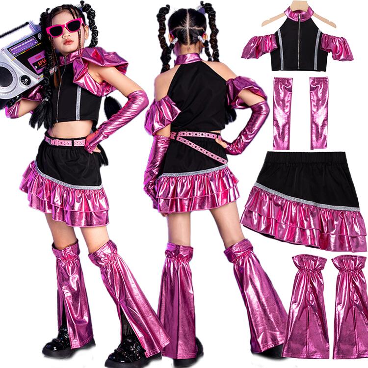 キッズ ダンス ダンス衣装 Y2K ヒップホップ スカート チアガール へそ出し キラキラ ピンク jazz セットアップ 女の子 トップス キッズダンス衣装 上下 ジャッ レッグウォーマー