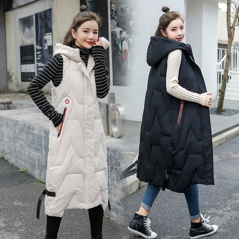 中綿ベスト ロングベスト アウター フード付き ダウン綿コート ノースリーブ 防寒着 防寒服 暖かい 冬用 軽量 無地