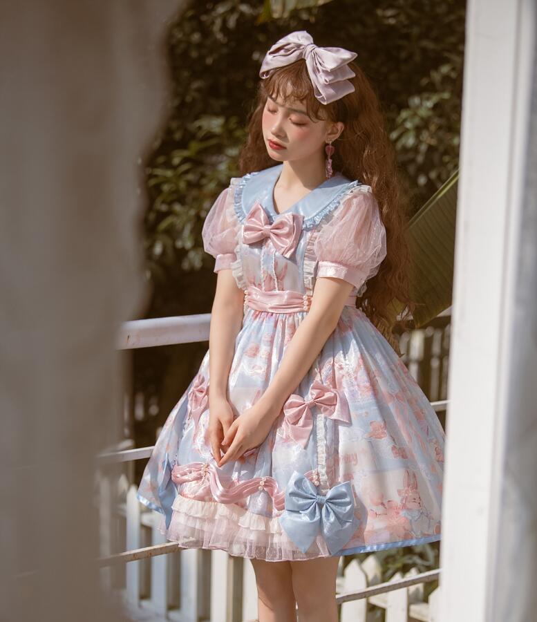 ロリータワンピース 膝丈 可愛い プリンセスワンピース リボン付き ロリータ服 ティアードワンピ lolita 萌え萌え コスチューム 半袖ドレス 長袖ドレス 兎柄 コスプレ 学園祭 文化祭 発表会