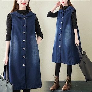 ベスト レディース ジレ デニム ロングベスト 前開 ジレベスト トレンチコート ノースリーブ 秋服