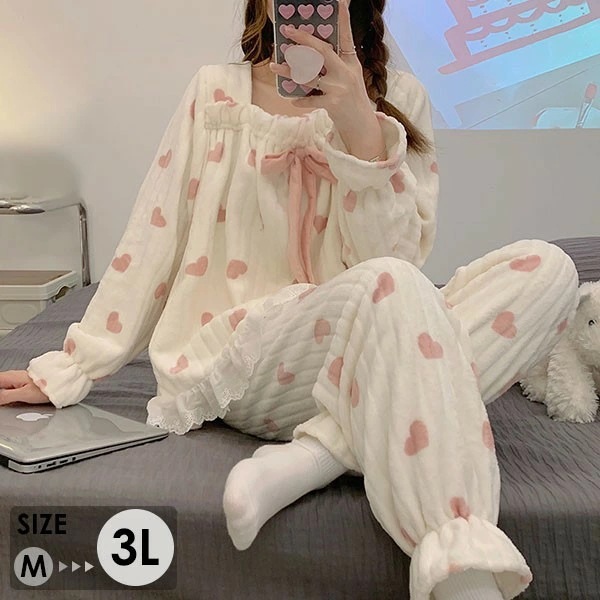 もこもこ モコモコパジャマ ルームウェア 上下セット ハート柄 パジャマ 冬 長袖 寝巻き 部屋着 暖かい あったか モコモコ 大人用 ふわふわ レディース 女性用 かわいい 可愛い ギフト プレゼン