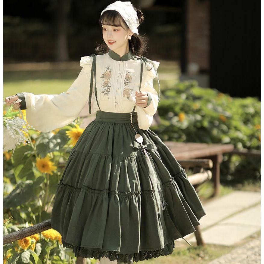 ロリータ服ドレス lolita ワンピース シャツ スカート 上下2点セット 膝丈 レディースロリータワンピース ゴシック ロリータドレス 可愛い お姫様ドレス リボン