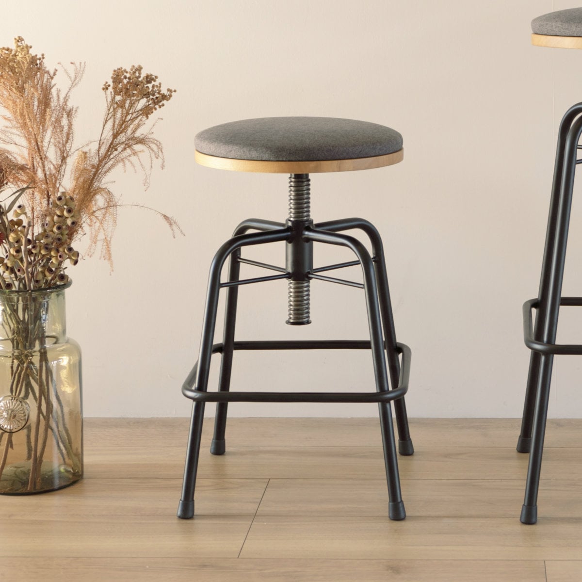 スツール グラム 高さ43ー55cm 高さ調整 椅子 スチール脚 ヴィンテージ調 ファブリック 木製 丸 イス チェア 丸椅子 デスクチェア ダイニングチェア 腰掛 チェアー 足置き 昇降式