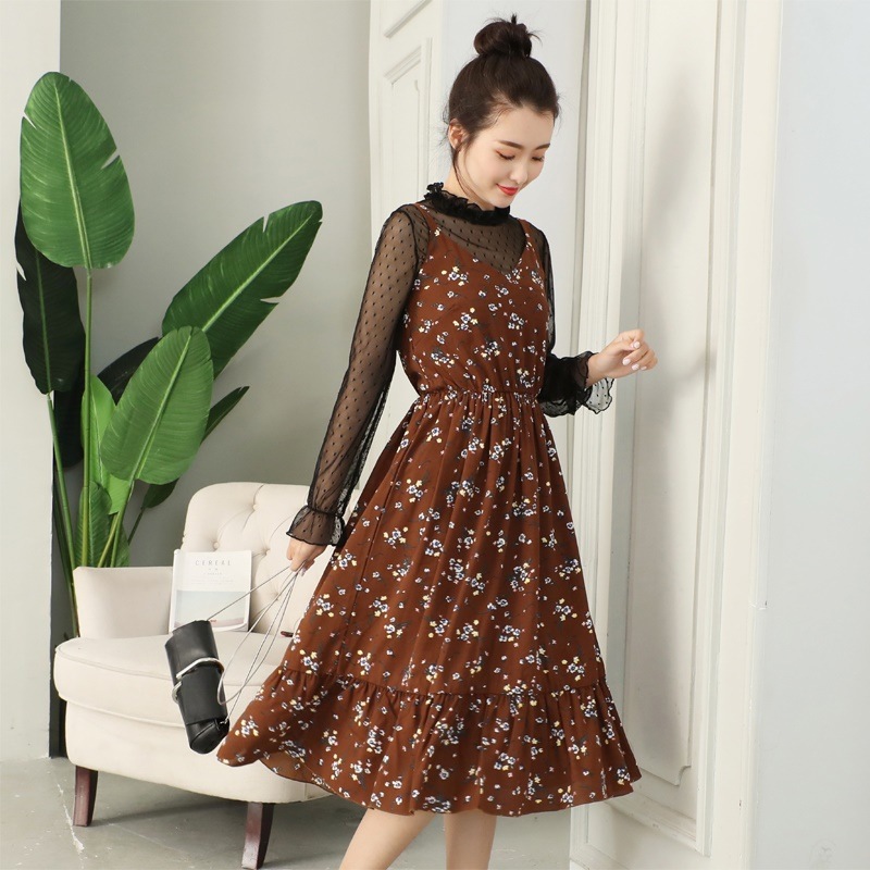 1145．花柄レイヤードレースワンピース（ブラウン）