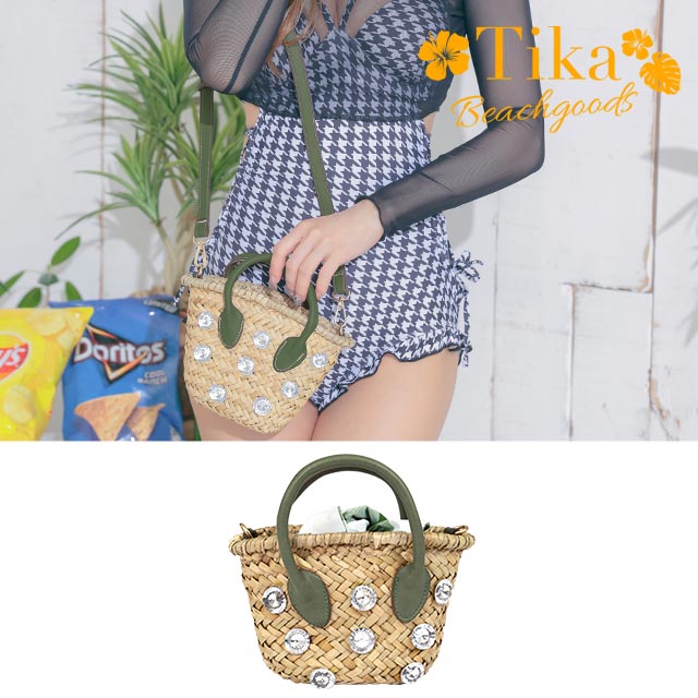 水着小物 ミニかごバッグ レディース小物 ギンガムチェック巾着 グリーン 緑色 ビジュー付き 体型カバー かわいい 可愛い 大人 レディース レディース水着 即日発送 2024 高校生 おしゃれ ガー