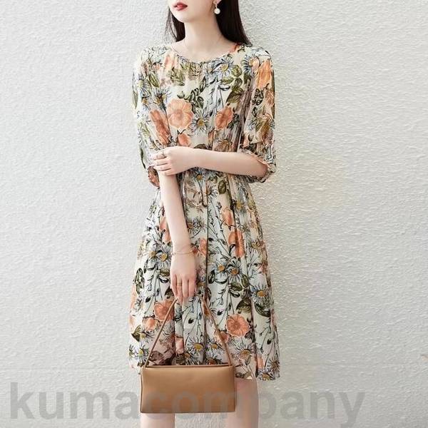 ワンピース ドレス 袖あり 花柄 フラワー エレガント レディース きれいめ カジュアル おしゃれ 五分袖 大人 可愛い フェミニン ひざ丈 ナチュラル シフォン ゆったり 体型カバー ウエストリボン 5,106円
