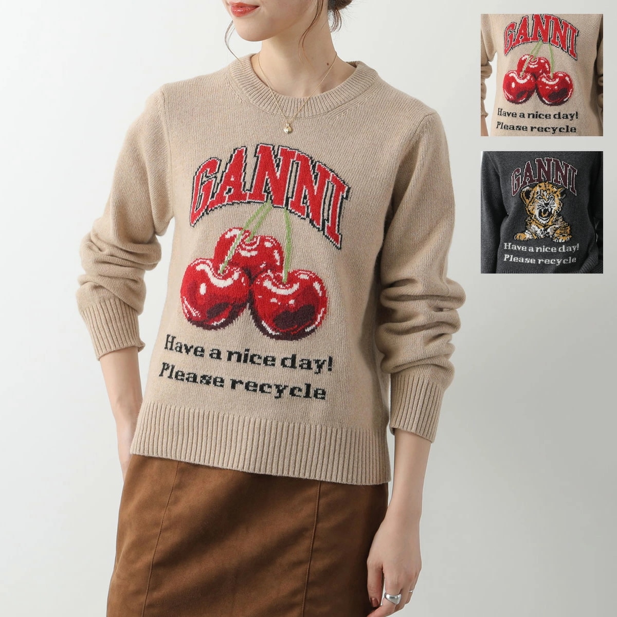 GANNI ガニー ニット Graphic Wool Mix Cherry Tiger Crewneck K2320 K2278 2678 レディース セーター チェリー タイガー 長袖 カラー2色
