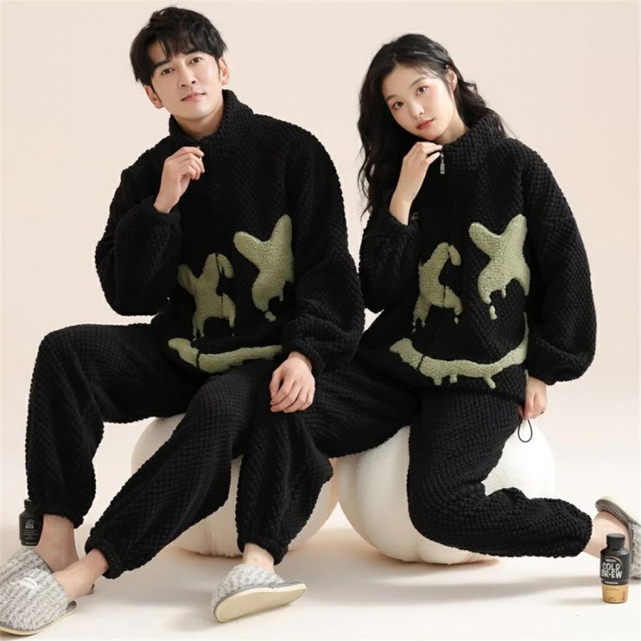 ペ メンズ もこもこ 夫婦 パジャマ ペア ウェア ペア カップル ファッション おしゃれ ック 前開き 長袖 セット 男女2着 モコモコ ペアパジャマ 【メガ割】