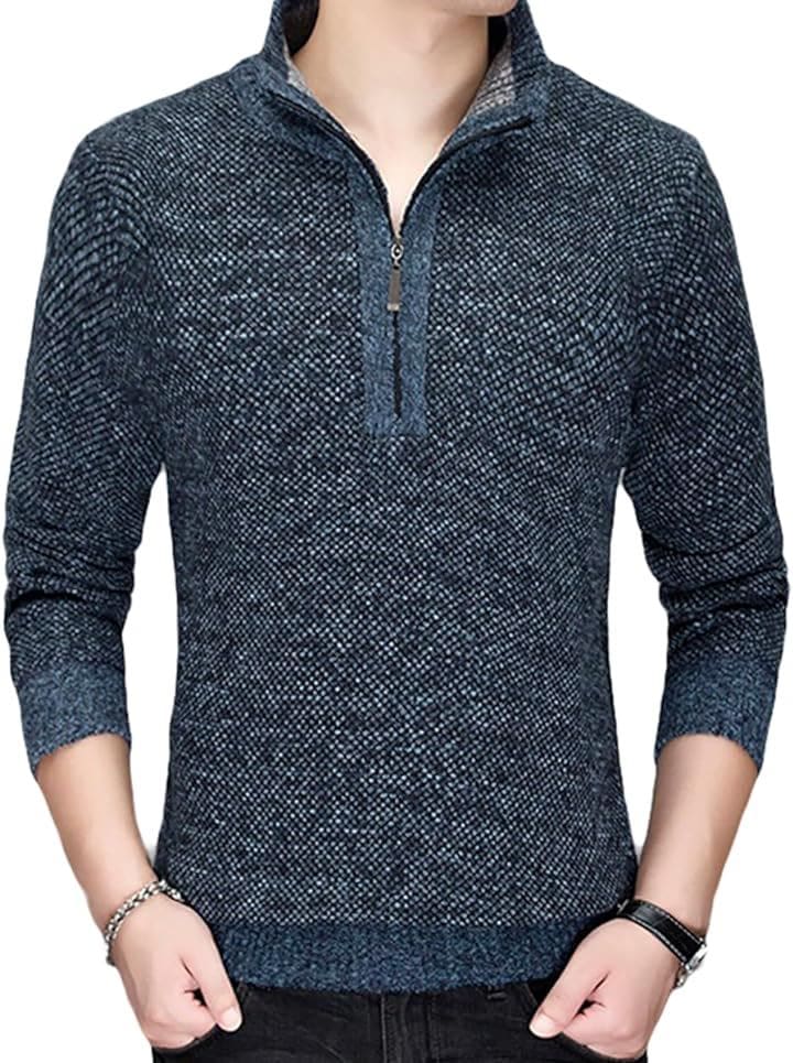 セーター メンズ ニット ハイネック 厚手 大人 裏ボア 防寒 リブ袖 ポケット 無地 トップス( ネイビー, XL)