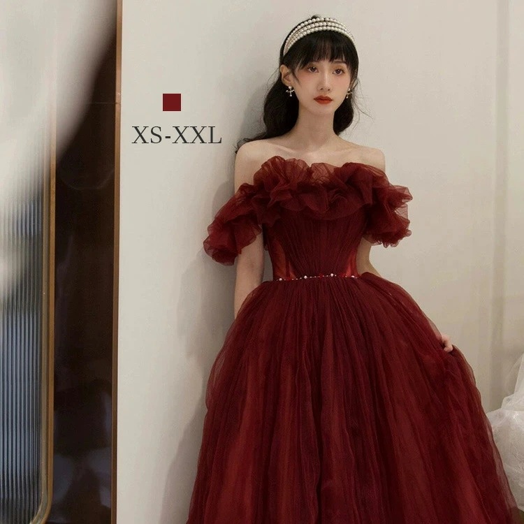 オフショルダー ワインレッド パーティードレス カラードレス キラキラ 韓国 ピアノ発表会 ドレス 大人 発表会 高校生 カクテルドレス ロング ドレス 演奏会 パーティー 成人式 同窓会 二次会 花